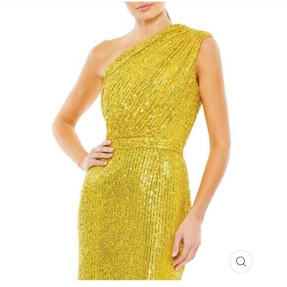 Mac Duggal 26694 Sequined Ruched One Shoulder Gown Yellow Sz 10 NWT - Picture 2 of 7